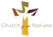 church of all nations logo with white dove over multicolored cross 